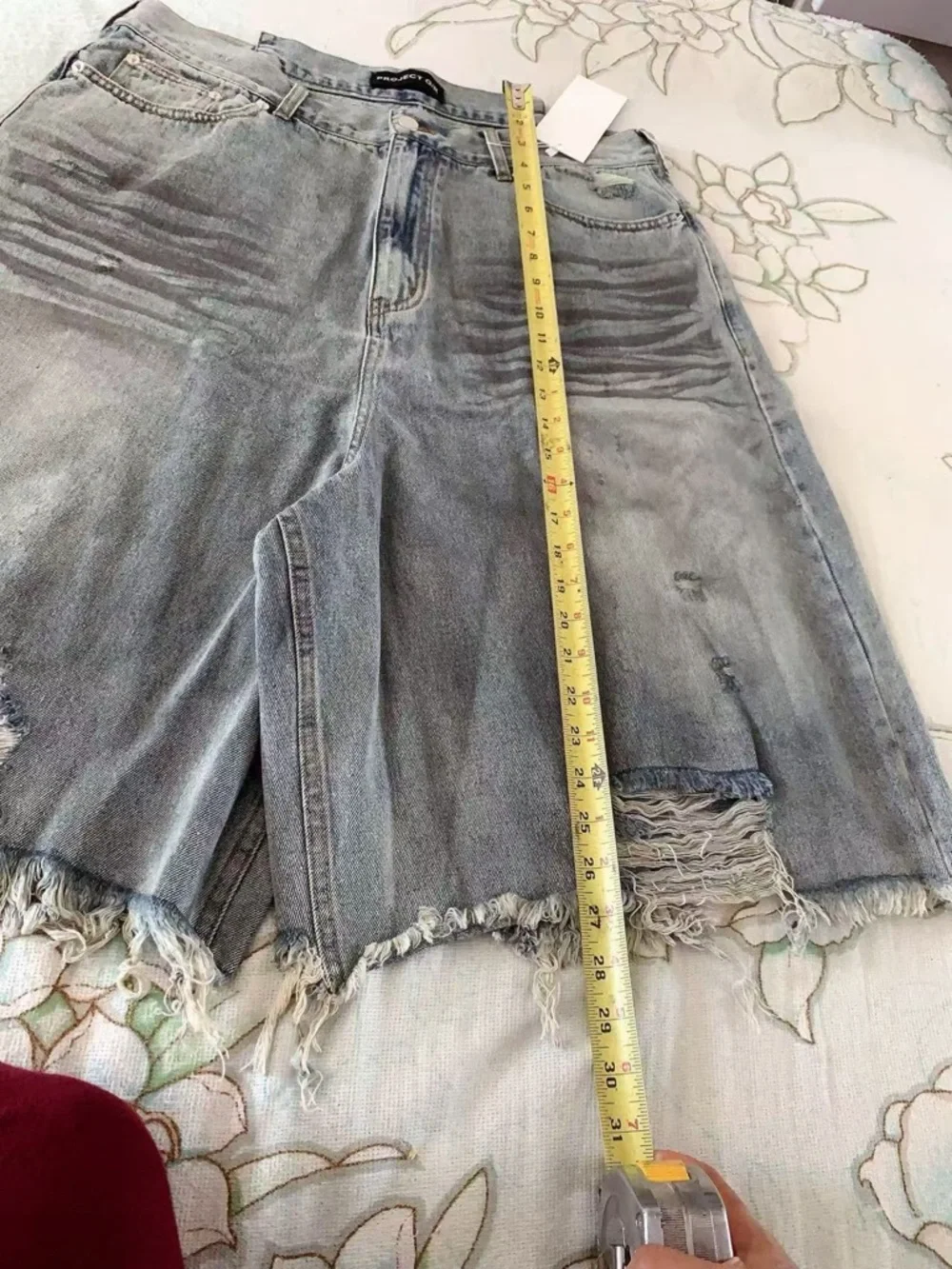 Washed Distressed Frayed‎ Tassel Wrinkled Denim Shorts 34